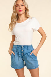 Haptics High Rise Button Fly Washed Denim Shorts Faded Blue OutfitFlow